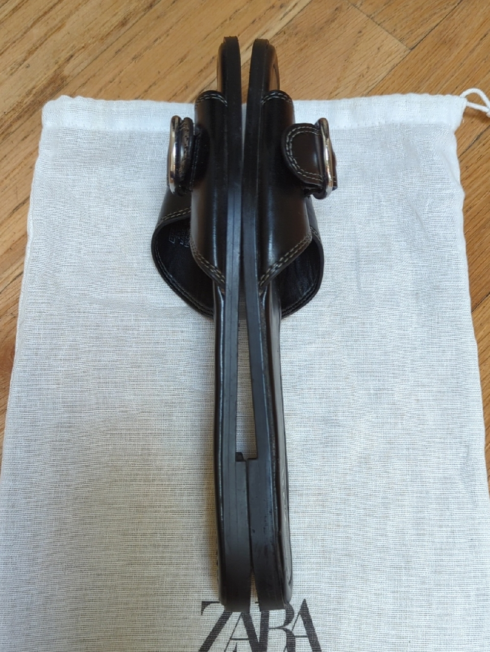 Zara Black Slide Flat Slippers/Sandals with Silver Tone Buckle Size 37 (6.5 US) - Picture 6 of 9